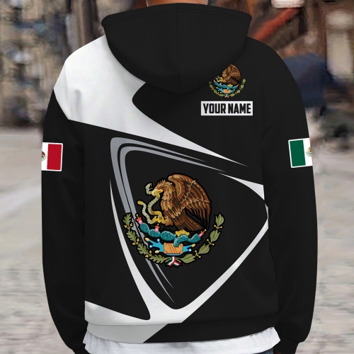 Custom Men's Trendy Black and White Mexican Flag Digital Print Hoodie