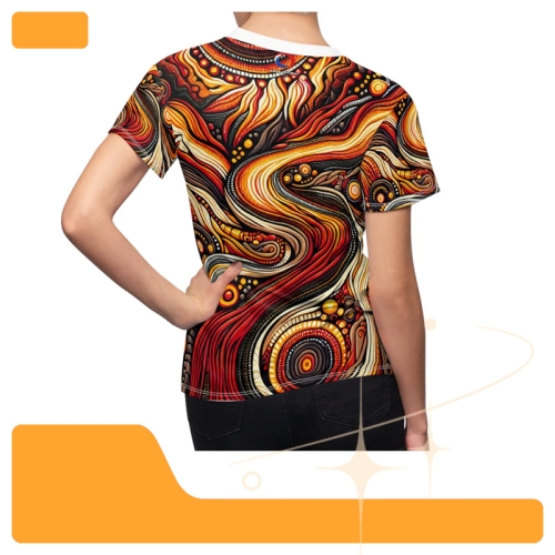 Aboriginal Art-Inspired Women's T-Shirt Volcanic Eruption & Lava Flow Design in Warm Earthy Tones - African Tribal Pattern-Inspired